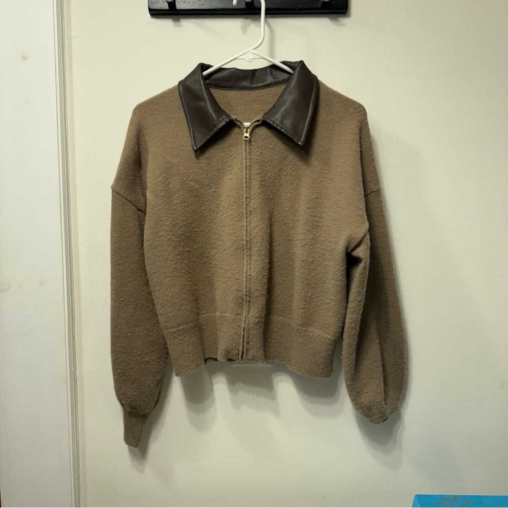 Brown Zip-Up Jacket with Leather Collar